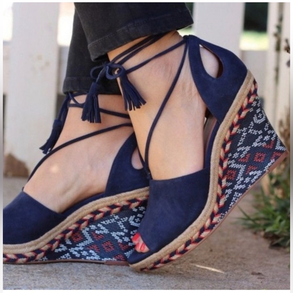 CABI #Isla Wedge Espadrille Summer Sandals Leather Blue Orange Size 9.5